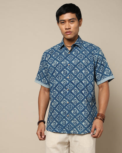 Men's Dabu Printed Indigo Dyed Shirt