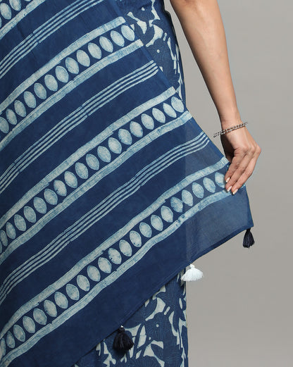 Natural Indigo Dyed Dabu Hand Block Printed Cotton Saree
