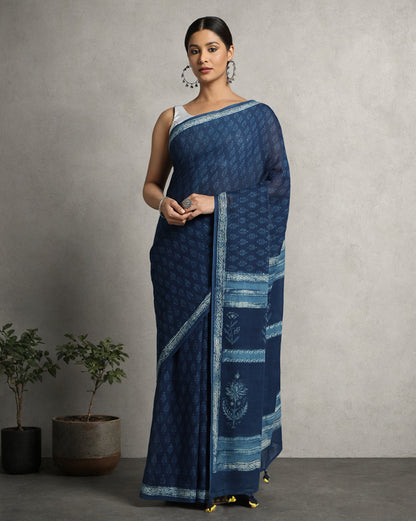 Natural Indigo Dyed Dabu Hand Block Printed Cotton Saree