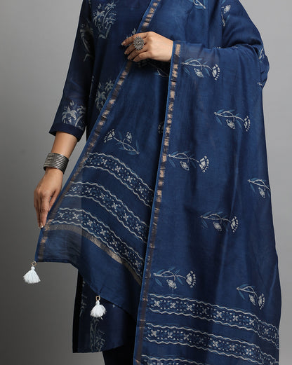 Indigo Dyed Dabu Hand Block Printed Chanderi Silk Duppatta