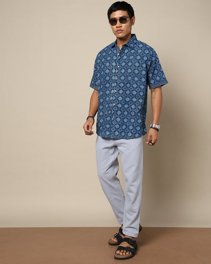 Men's Dabu Printed Indigo Dyed Shirt