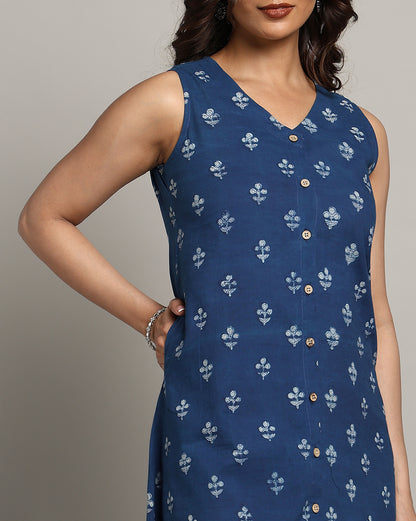 Indigo Dyed Dabu Printed Sleeveless Dress