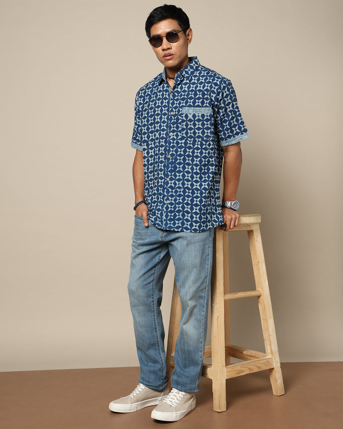 Men's Dabu Printed Indigo Dyed Shirt