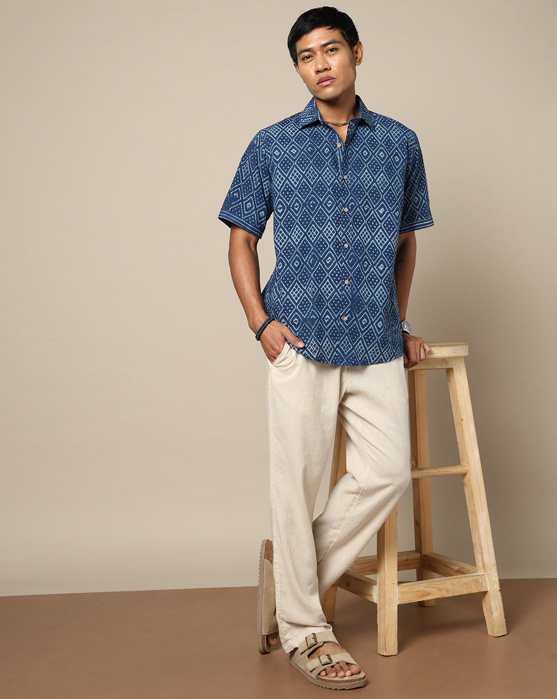 Men's Dabu Printed Indigo Dyed Shirt