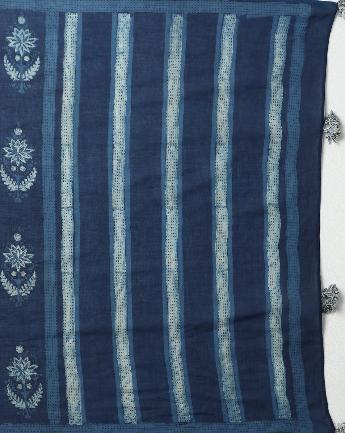 Natural Indigo Dyed Dabu Hand Block Printed Cotton Saree
