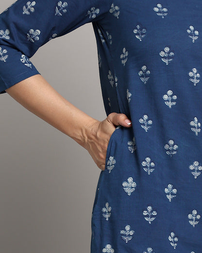 Indigo Dyed Dabu Printed Cotton Long Kurta