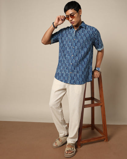 Men's Dabu Printed Indigo Dyed Shirt