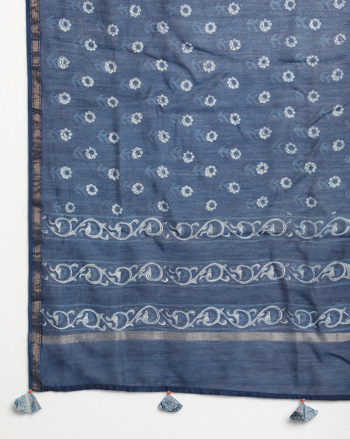 Indigo Dyed Dabu Hand Block Printed Chanderi Silk Duppatta