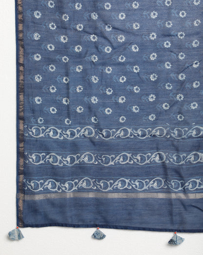 Indigo Dyed Dabu Hand Block Printed Chanderi Silk Duppatta