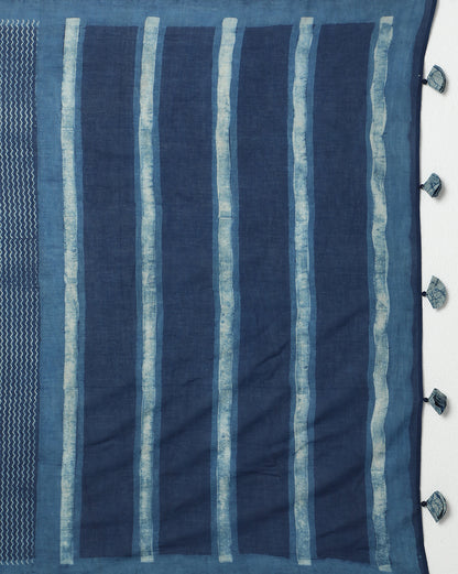 Natural Indigo Dyed Dabu Hand Block Printed Cotton Saree