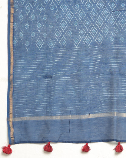 Indigo Dyed Dabu Hand Block Printed Chanderi Silk Duppatta