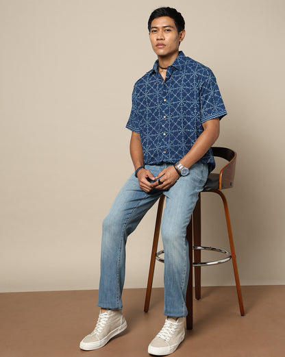 Men's Dabu Printed Indigo Dyed Shirt