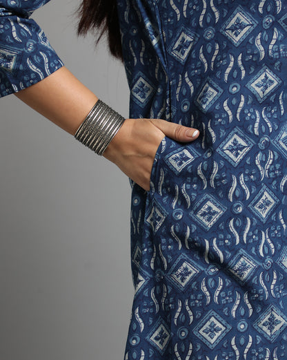 Indigo Dyed Dabu Hand Block Printed Long Kurta