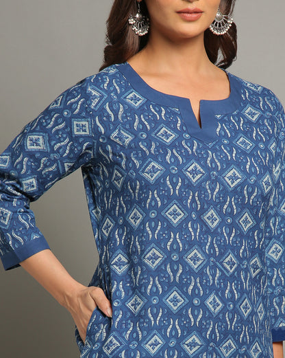 Indigo Dyed Dabu Hand Block Printed Long Kurta