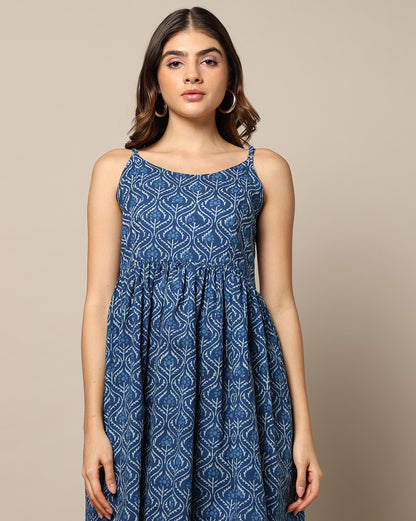 Natural Indigo Dyed Dabu Hand Block Print Spaghetti Dress