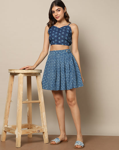 Natural Indigo Dyed Dabu Hand Block Printed Short Skirt