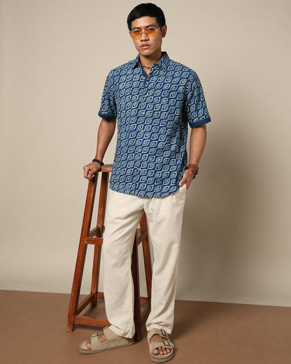 Men's Dabu Printed Indigo Dyed Shirt