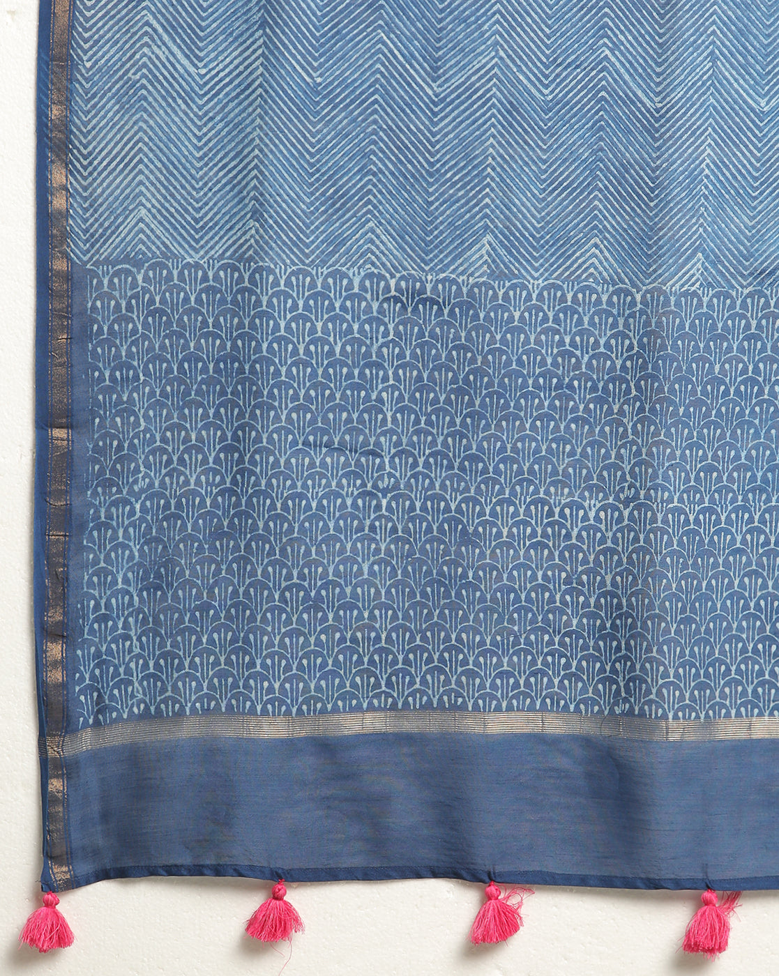Indigo Dyed Dabu Hand Block Printed Chanderi Silk Duppatta
