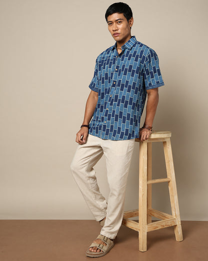 Men's Dabu Printed Indigo Dyed Shirt