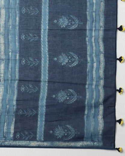 Natural Indigo Dyed Dabu Hand Block Printed Cotton Saree