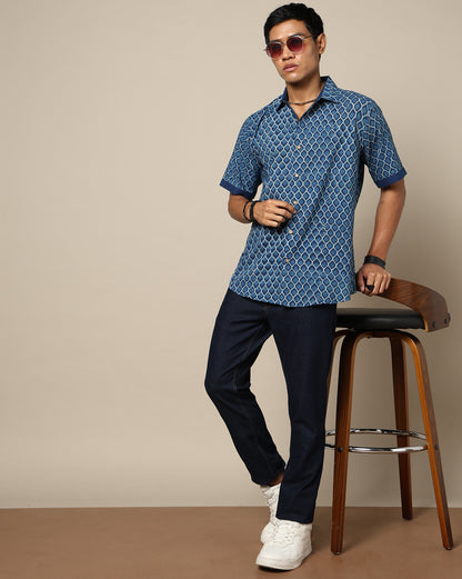 Men's Dabu Printed Indigo Dyed Shirt