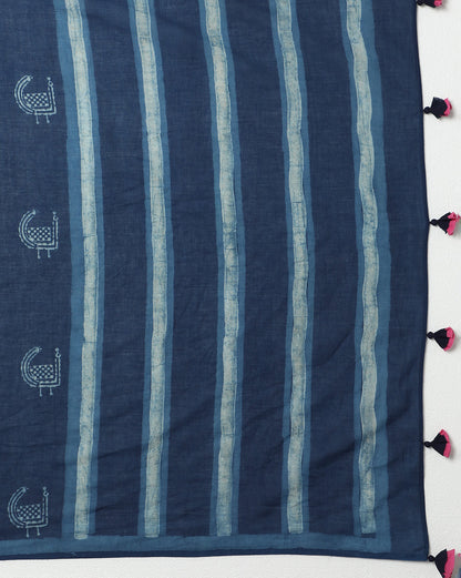 Natural Indigo Dyed Dabu Hand Block Printed Cotton Saree