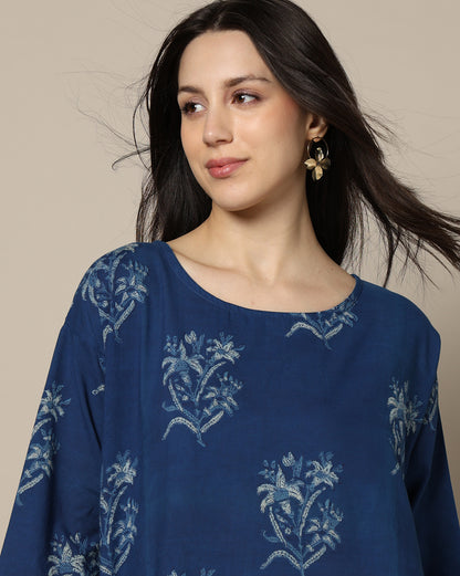 Indigo Dyed Dabu Hand Block Printed Free Size Dress