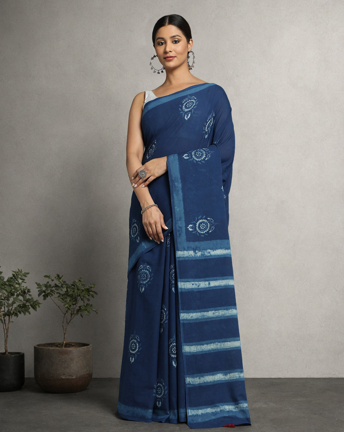 Natural Indigo Dyed Dabu Hand Block Printed Cotton Saree
