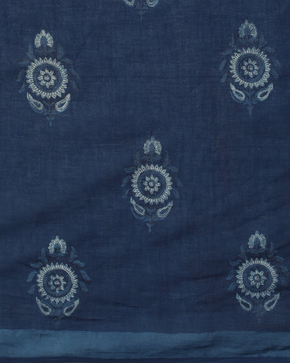 Natural Indigo Dyed Dabu Hand Block Printed Cotton Saree