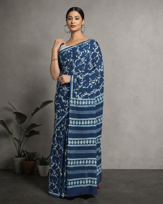 Natural Indigo Dyed Dabu Hand Block Printed Cotton Saree