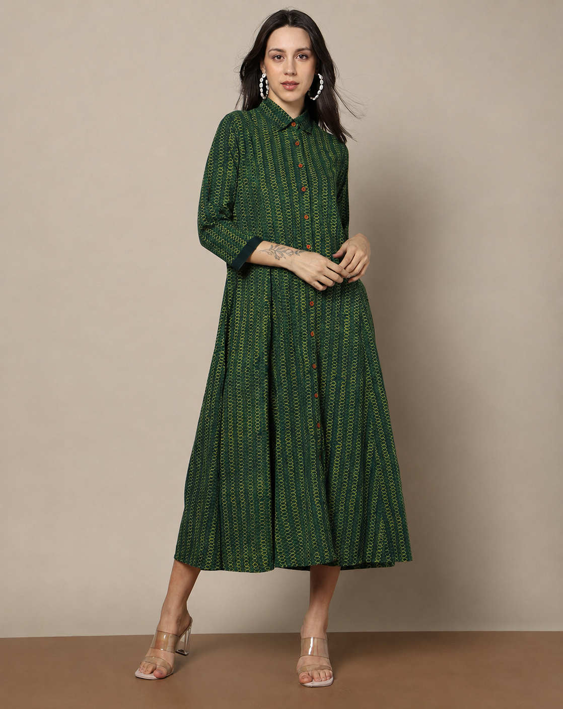 Natural Indigo Nashpal Dyed Dabu Hand Block Printed Long Front Open Dress