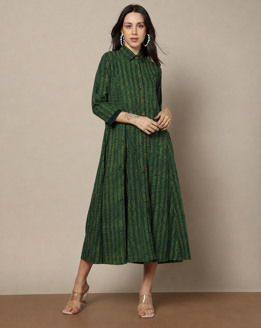 Natural Indigo Nashpal Dyed Dabu Hand Block Printed Long Front Open Dress