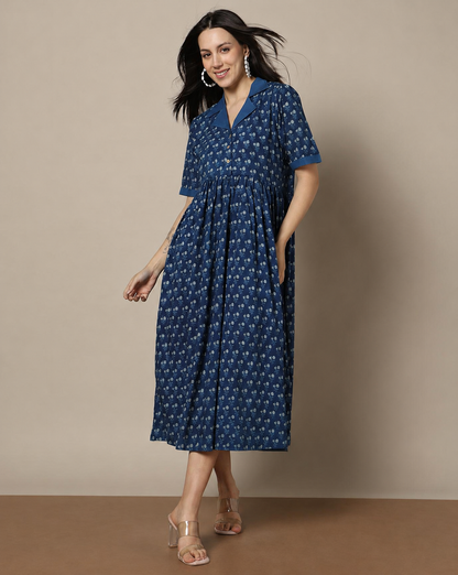 Indigo Dyed Dabu Hand Block Printed Long Dress