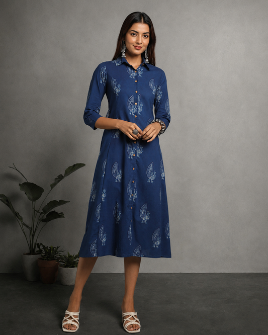Indigo Dyed Dabu Printed Peacock  Long Dress