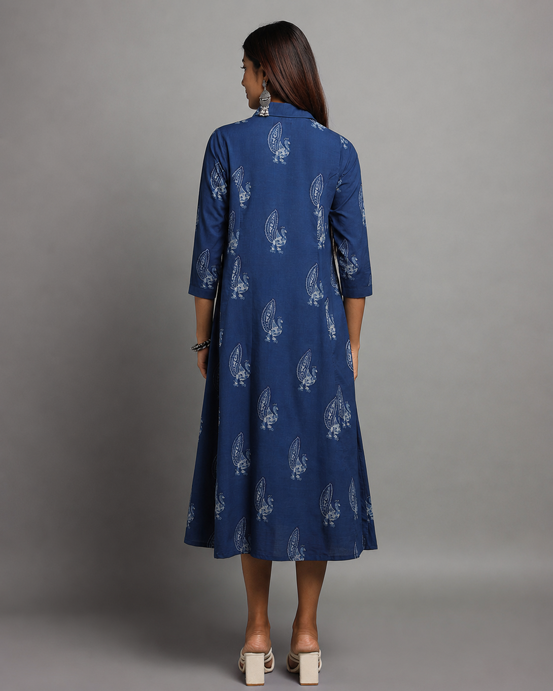 Indigo Dyed Dabu Printed Peacock  Long Dress