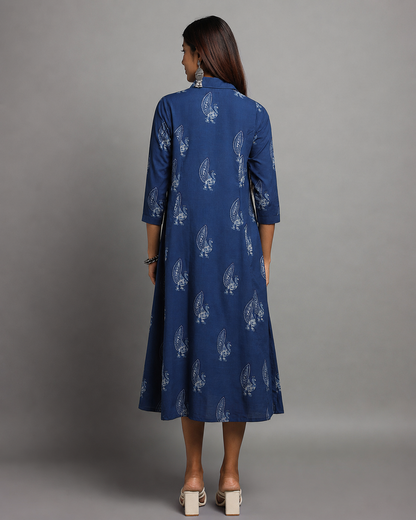 Indigo Dyed Dabu Printed Peacock  Long Dress