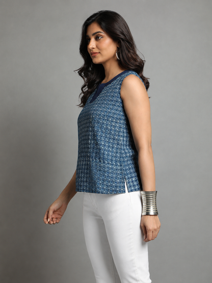 Indigo Dyed Dabu Printed Ring Flat Neck Top