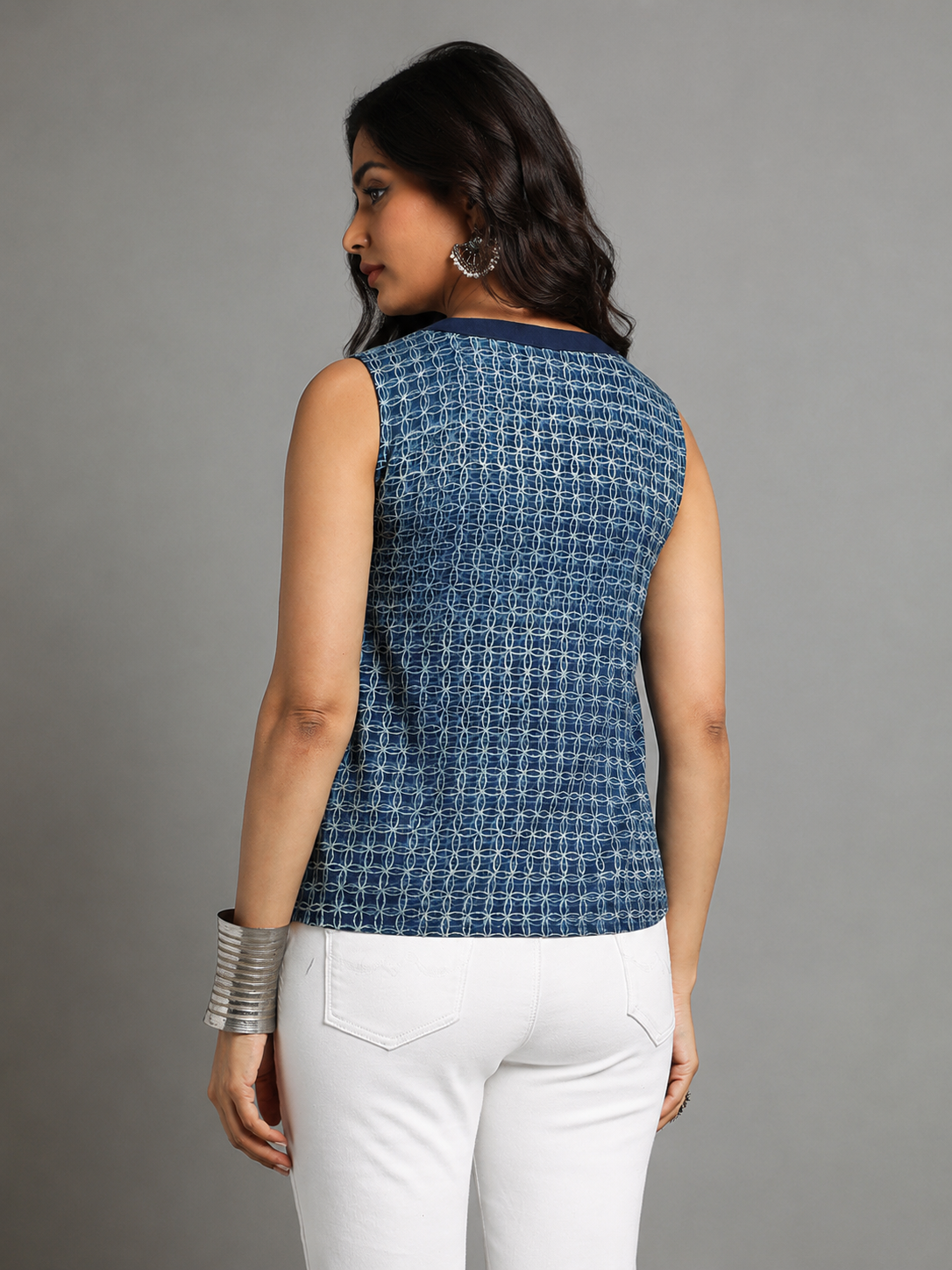 Indigo Dyed Dabu Printed Ring Flat Neck Top