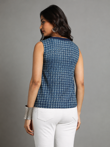 Indigo Dyed Dabu Printed Ring Flat Neck Top