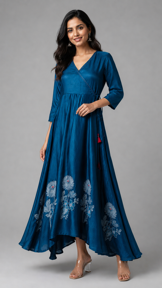 Imari Painting Inspired Indigo Dyed Dabu Hand Block Printed Modal Silk Angrakha