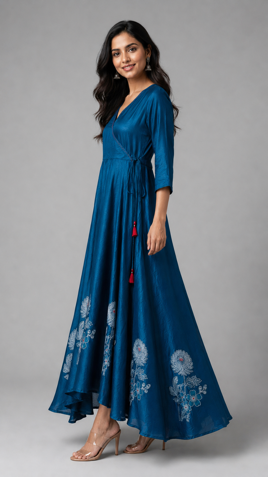 Imari Painting Inspired Indigo Dyed Dabu Hand Block Printed Modal Silk Angrakha