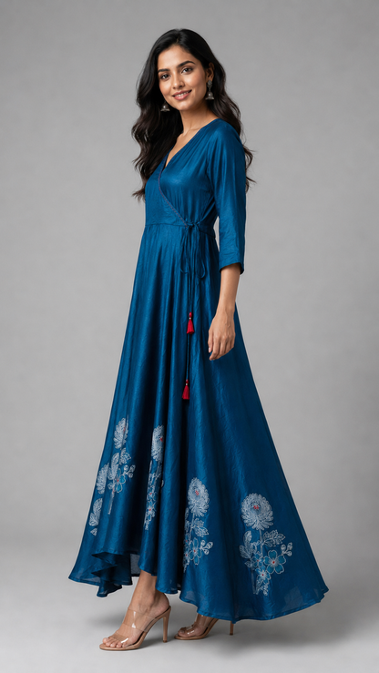 Imari Painting Inspired Indigo Dyed Dabu Hand Block Printed Modal Silk Angrakha