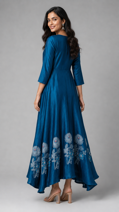 Imari Painting Inspired Indigo Dyed Dabu Hand Block Printed Modal Silk Angrakha