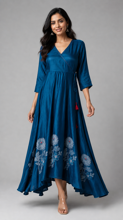 Imari Painting Inspired Indigo Dyed Dabu Hand Block Printed Modal Silk Angrakha