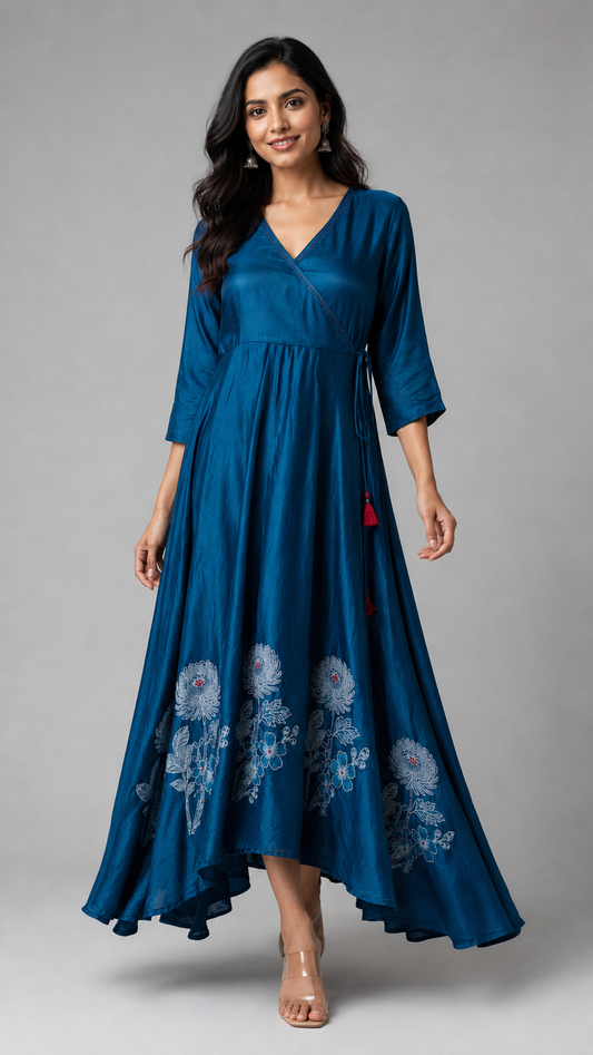 Imari Painting Inspired Indigo Dyed Dabu Hand Block Printed Modal Silk Angrakha