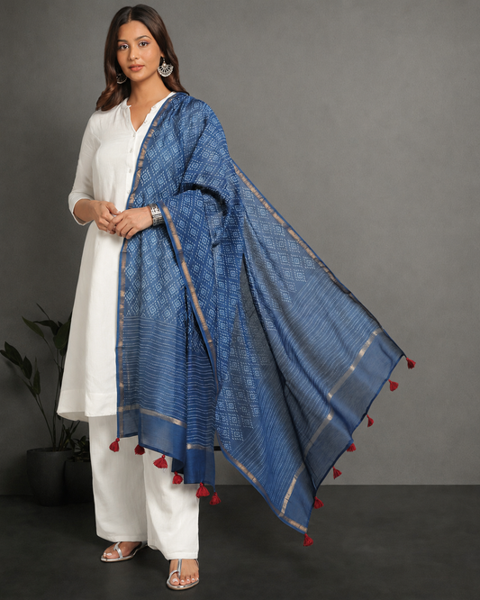Indigo Dyed Dabu Hand Block Printed Chanderi Silk Duppatta