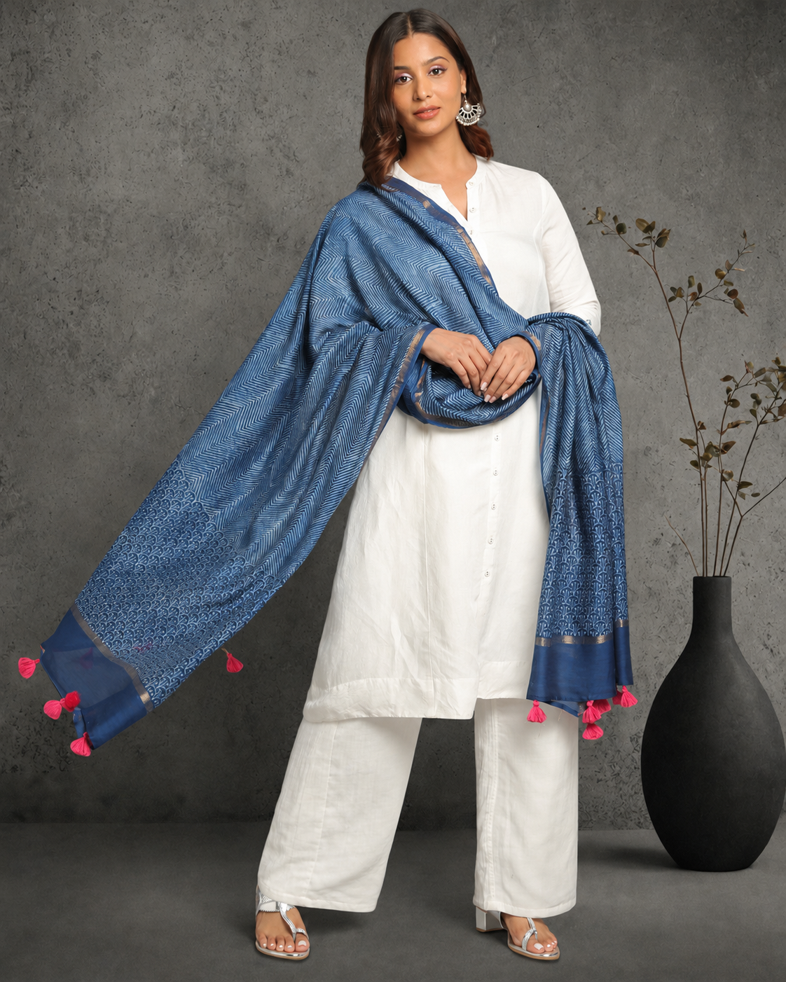 Indigo Dyed Dabu Hand Block Printed Chanderi Silk Duppatta