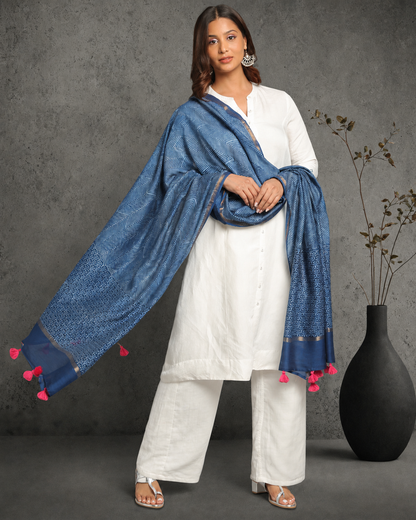 Indigo Dyed Dabu Hand Block Printed Chanderi Silk Duppatta