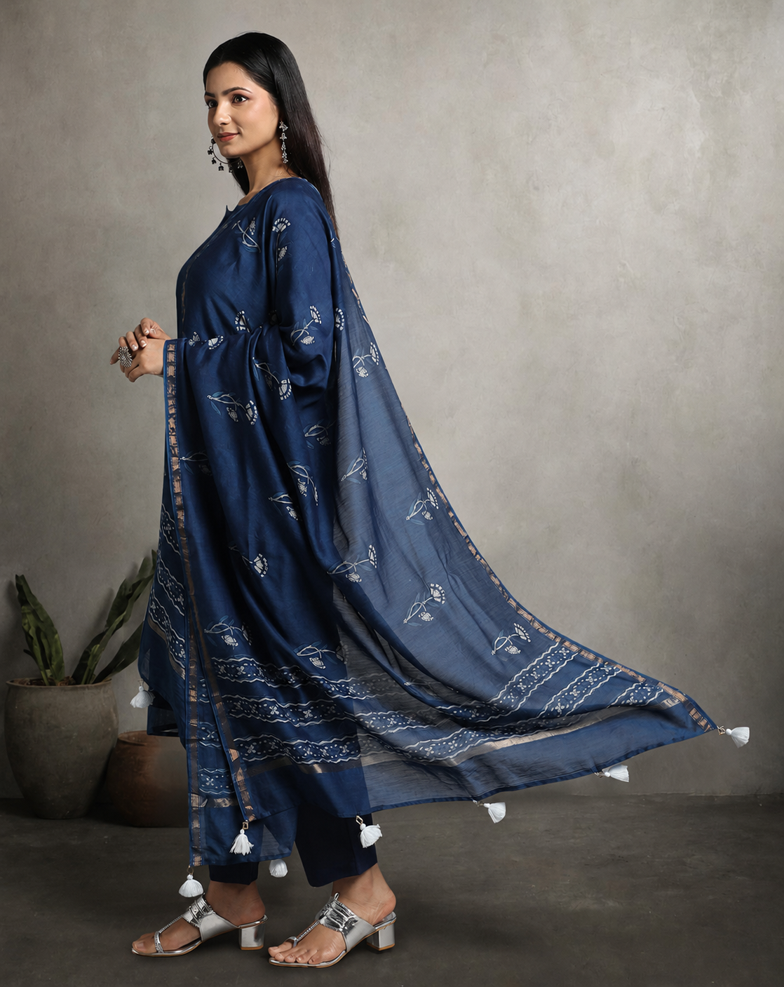 Indigo Dyed Dabu Hand Block Printed Chanderi Silk Duppatta