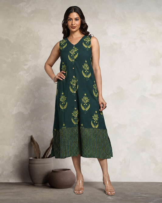 Indigo Nashpal Dyed Dabu Printed Sleeveless Dress